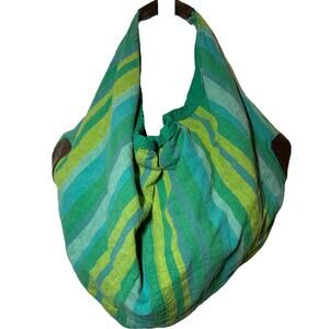 Retro Boho Satchel Bag Green Yellow Striped Leather Patch Corner Magnetic